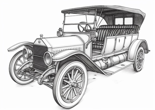 Zeichnung eines alten Autos mit schwarzem Oberteil und weißem Hintergrund generativ ai