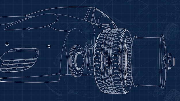 Zeichnung eines Autos und seiner Teile auf blauem Millimeteruntergrund