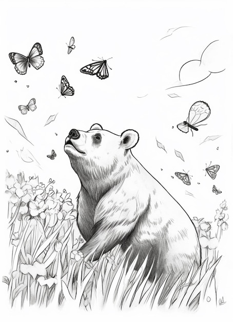 Foto zeichnung eines bären auf einem feld mit schmetterlingen und butterflies generative ai