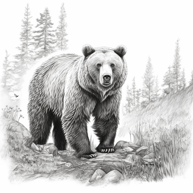 Zeichnung eines Bären, der auf einem felsigen Hügel im Wald läuft, generative KI
