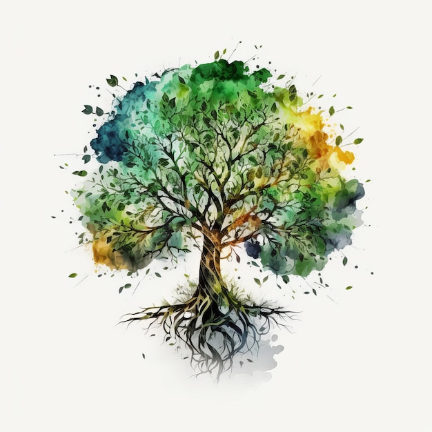 Zeichnung eines Baumes mit Wurzeln in leuchtenden Farben Aquarell Generative KI