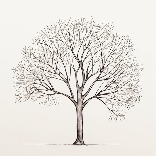 Zeichnung eines Baumes ohne Blätter auf weißem Hintergrund generativ ai
