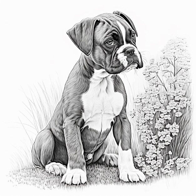 Foto zeichnung eines boxerhunds, der mit blumen im gras sitzt
