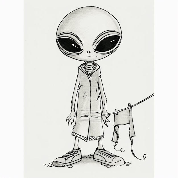 Zeichnung eines Cartoon-Aliens mit Leine und einem Hund generative ai