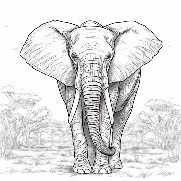 Zeichnung eines Elefanten, der auf einem Feld mit Bäumen im Hintergrund steht, generative KI