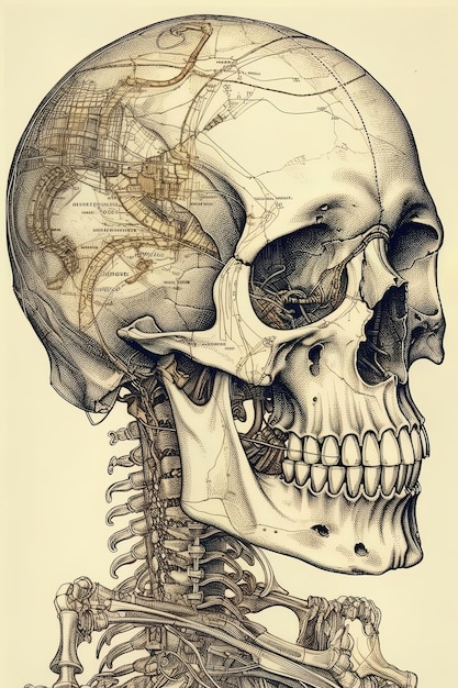 Foto zeichnung eines isolierten menschlichen schädels im alten vintage-stil. generative ki