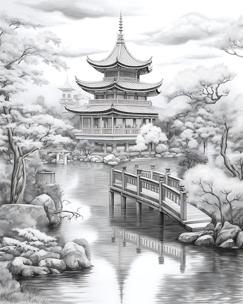 Zeichnung eines japanischen Pagodenhauses schwarz-weiß