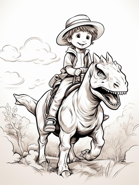 Zeichnung eines Jungen, der auf einem Dinosaurier mit Hut auf generativer KI reitet