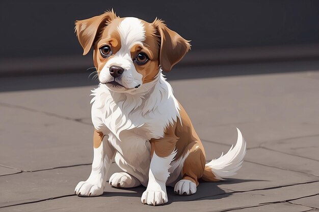 Zeichnung eines kleinen braun-weißen Hundes, der auf dem Boden sitzt