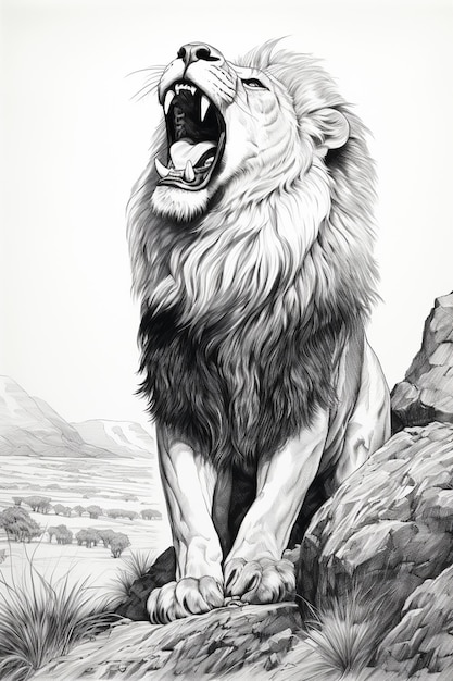 Foto zeichnung eines löwen, der auf einem felsen in einem feld brüllt