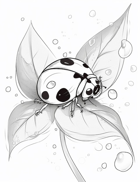 Zeichnung eines Marienkäfers auf einem Blatt mit Blasen generative KI