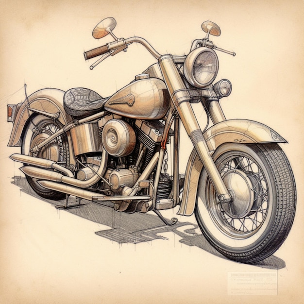 Zeichnung eines Motorrads mit Seitenansicht der generativen KI des Vorderrads