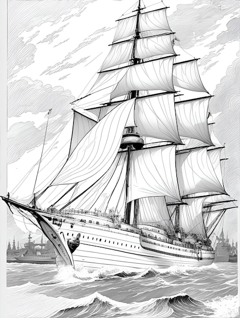 Zeichnung eines Schiffes im Meer