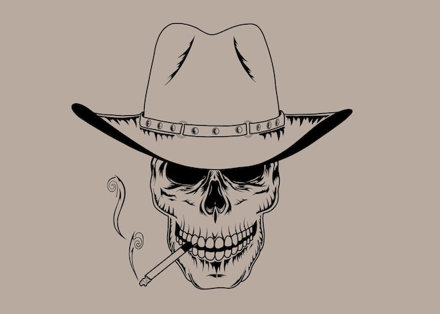 Zeichnung eines Totenkopfes mit schwarzen Linien und einer Zigarette im Hut
