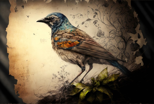 Zeichnung eines Vogels mit handgefertigtem Hintergrund