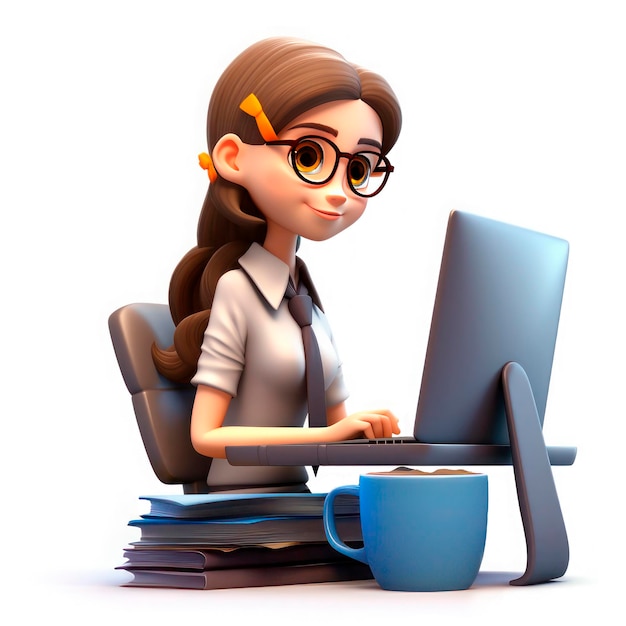 Zeichnung im Stil eines 3D-Cartoons Mädchen am Computer