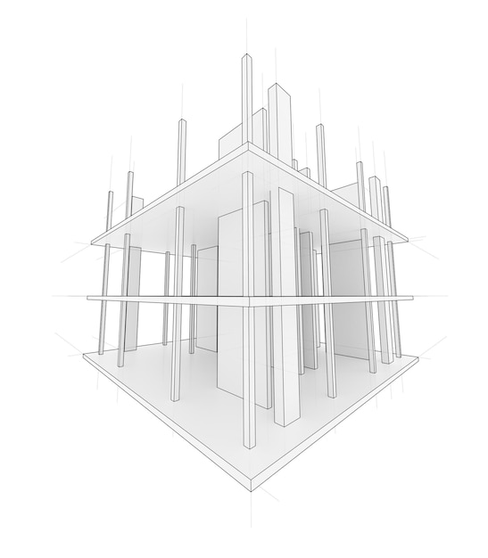 Zeichnung oder Skizze eines im Bau befindlichen Hauses. Baustelle. Hauptlinie, Rückenkontur und Hilfslinien. 3D-Darstellung