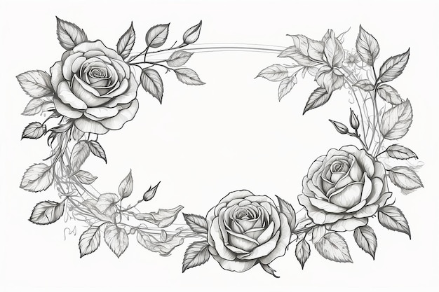 Foto zeichnung und skizze mit rosenblumenrahmen auf weißem hintergrund