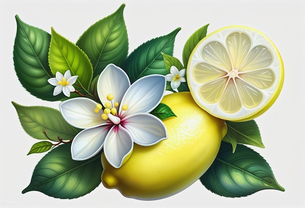 Zeichnung von Zitrone und Blatt mit Blüte auf weißem Hintergrund