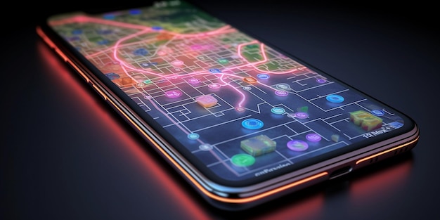 Foto zeigen sie auf dem smartphone mit dem gps-navigatorsymbol und der karte „generative ki“.