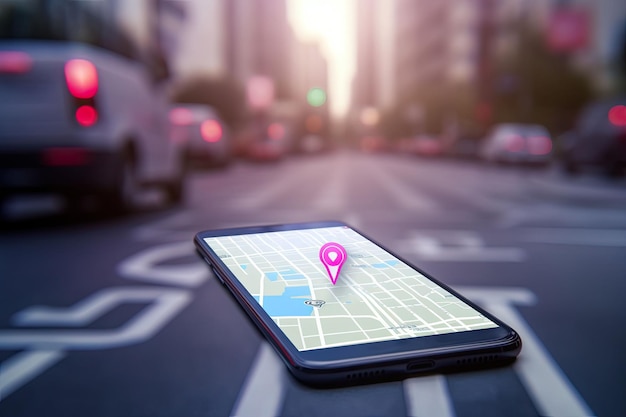 Foto zeigen sie auf ein smartphone mit einem gps-navigationssymbol und einer karte auf unscharfem hintergrund. generative ki