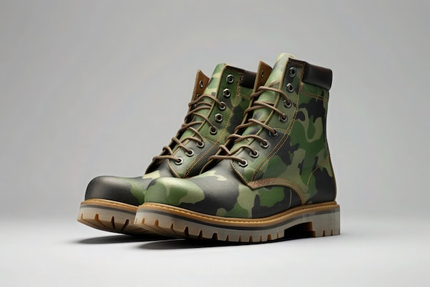 Zeigen Sie ein Paar Camouflage-Moc-Toe-Stiefel