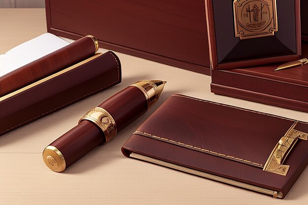 Zeigen Sie eine Reihe von Luxus-Stiften und Ledernotizbüchern auf dem Holzbrett gegen einen klassischen Mahagoni-Schreibtisch