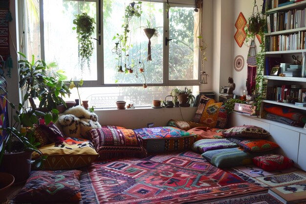 Foto zeigen sie einen bohemian-inspirierten arbeitsplatz zu hause mit co-generativer ai