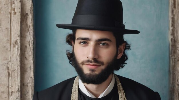 Zeigendes Grüßporträt eines jungen orthodoxen jüdischen Mannes, der an einer blauen Wand isoliert ist