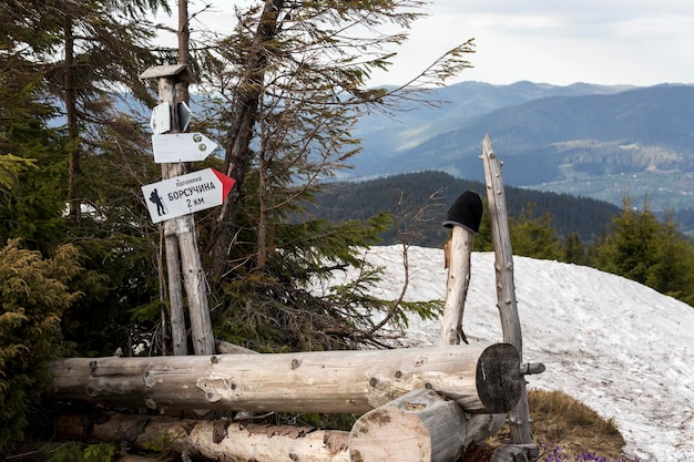 Zeiger an der Kreuzung in den Bergen Montenegro Karpaten Die Inschrift auf dem Tisch quotBorsucha Bergwiesequot