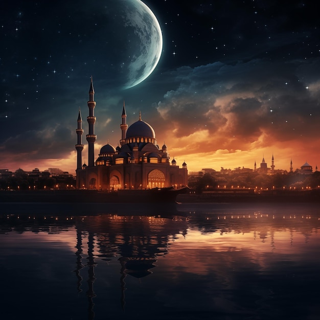 zeigt die ruhige Schönheit einer mondlich beleuchteten Nacht während des Ramadan mit einer Silhouette einer Moschee im Hintergrund