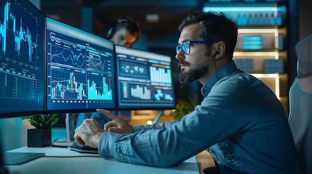 Zeigt einen Finanzier, der an einem Personalcomputer arbeitet und Statistikdiagramme anzeigt