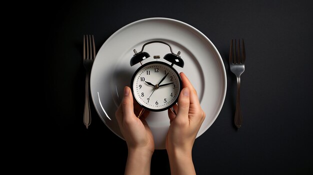 Foto zeit für eine köstliche mahlzeit. person hält eine uhr auf einem teller mit generativer ki mit gabel und messer