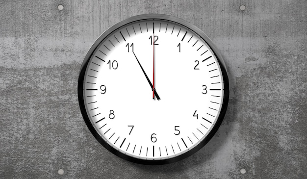 Zeit um elf Uhr klassische analoge Uhr auf einer groben Betonwand 3D-Illustration