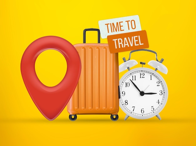 Zeit-zu-Reise-Banner Reisebanner mit Reisetaschen-Standort-Pin-Wecker auf gelbem Hintergrund