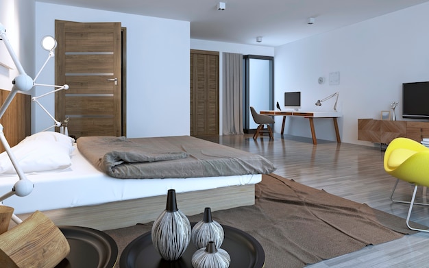 Zeitgemäßes Schlafzimmer mit braunen Möbeln. 3D-Rendering