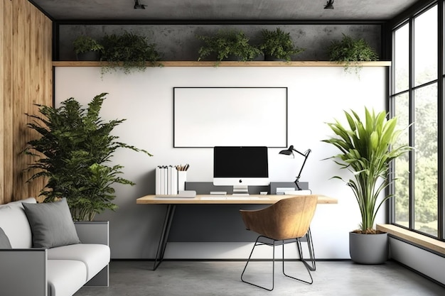 Zeitgenössische Büroraumeinrichtung aus Holz und Beton mit Möbeln, dekorativen Pflanzen und leerem weißen Poster-Attrappe an der Wand