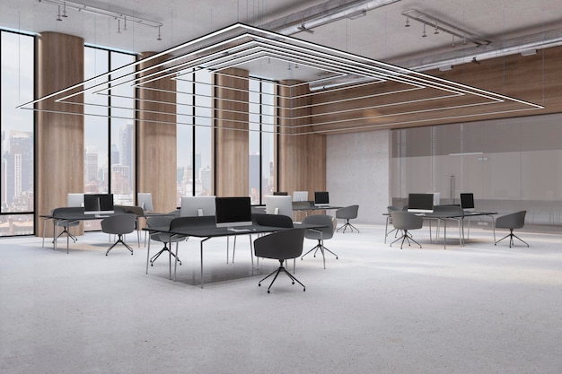 Zeitgenössische Coworking-Büroeinrichtung mit Möbelausstattung und Fenster mit Stadtblick 3D-Rendering