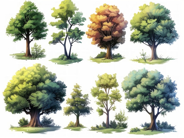 Zeitgenössische Illustrationen englischer Walnussbäume auf weißem Hintergrund Generative KI