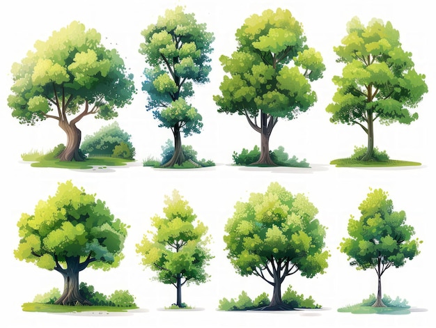 Zeitgenössische Illustrationen von Elmbäumen auf weißem Hintergrund Generative KI