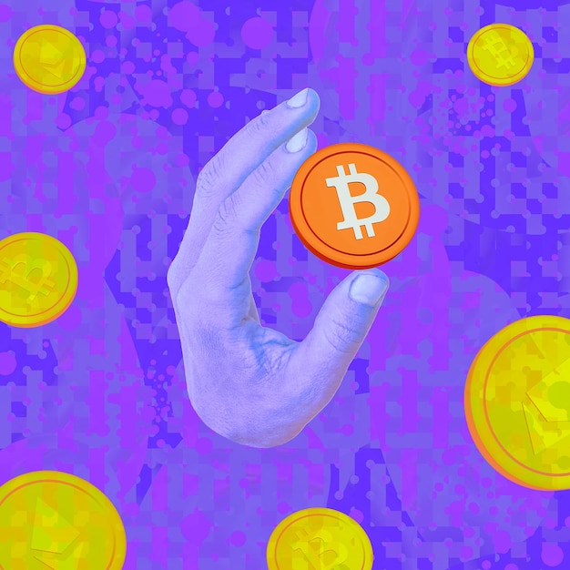 Zeitgenössische minimale Collagenkunst Digitales Währungskonzept Hand mit Bitcoin Crypto Money Crypto Wallets