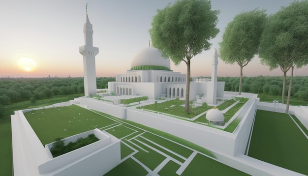 Zeitgenössische Moschee Eine Mischung aus weißer Ruhe und grüner Ruhe inmitten der Natur Baldachin Sonnenuntergang D