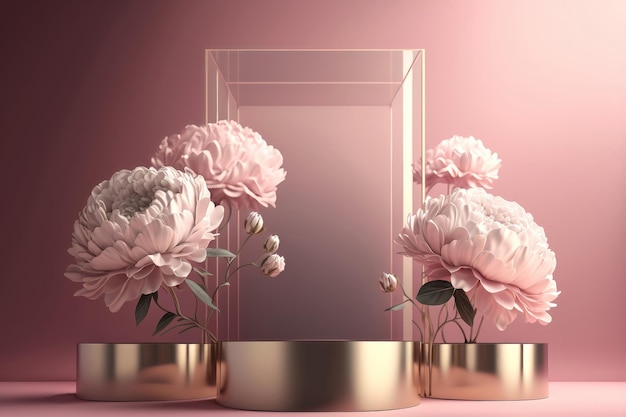 Zeitgenössische rosa Podiumsbühne mit Glas und großen Pfingstrosen AI Generation