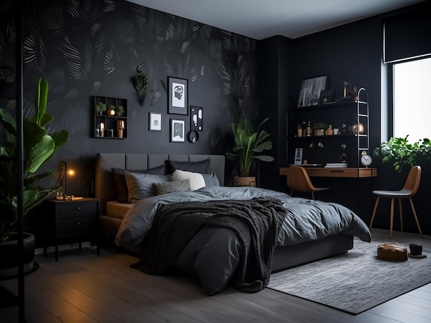 Zeitgenössische schwarze Schlafzimmer-Interieur elegante Möbel KI generiert