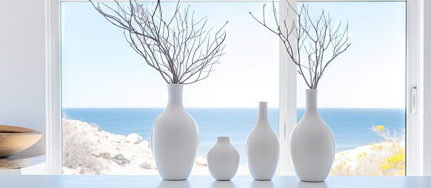 Foto zeitgenössische weiße vasen mit zweigen auf der kücheninsel in einem haus an der küste