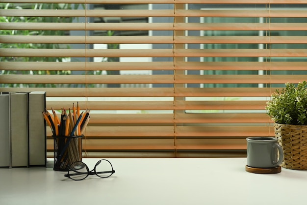 Zeitgenössischer Arbeitsplatz mit Brillen, Zimmerpflanzenbüchern und Bleistifthalter auf weißem Tisch Vorderansicht