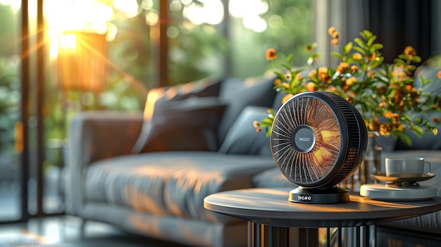 Foto zeitgenössischer elektrischer ventilator im wohnzimmer auf dem tisch generative ai