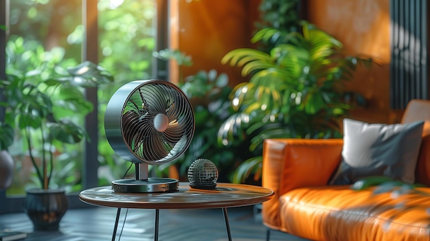 Zeitgenössischer elektrischer Ventilator im Wohnzimmer auf dem Tisch Generative Ai