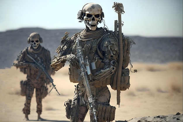 Zeitgenössischer Infanteriesoldat ist ein Skelett in einer Wüste an einem sonnigen Tag, das von neuronalen Netzwerken generiert wird