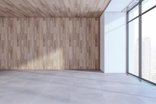 Zeitgenössischer, leerer, geräumiger Innenraum mit Decke und Boden aus Holz und Beton mit Attrappe an der Wand und Panoramafenster mit 3D-Darstellung mit Blick auf die Stadt